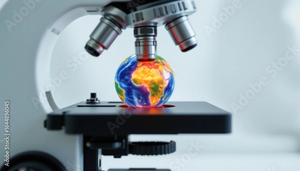 Fototapeta A close-up view of a microscope focusing on a stylized globe, symbolizing scientific exploration and global awareness.