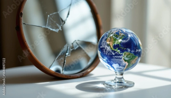 Fototapeta A cracked mirror reflects a globe, symbolizing a fragmented world and environmental concerns.