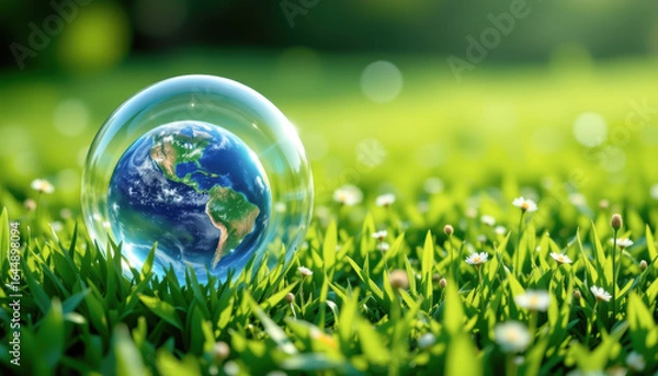 Fototapeta A crystal clear bubble reflects the Earth, sitting on lush green grass, symbolizing nature and sustainability.