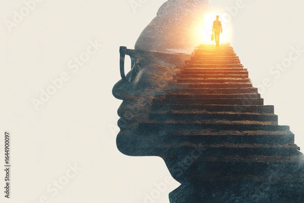 Obraz Silhouette of a person climbing stairs inside a human head profile symbolizing progress and enlightenment.
