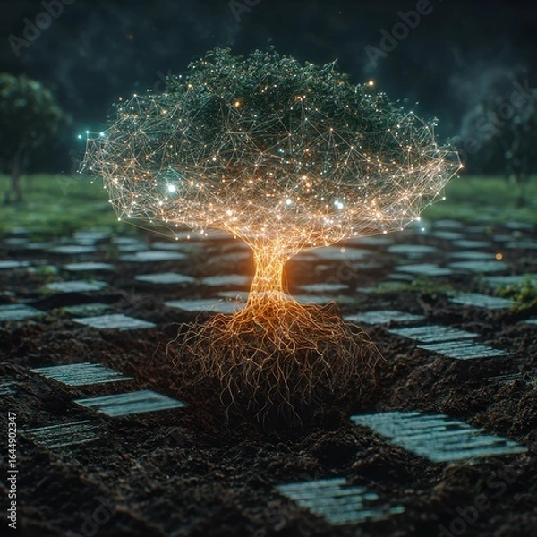 Fototapeta glowing wireframe of a tree emerging from a digital soil of knowledge