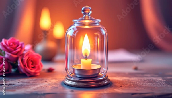 Fototapeta A serene candle in a glass jar with roses, creating a warm and inviting atmosphere ideal for relaxation.