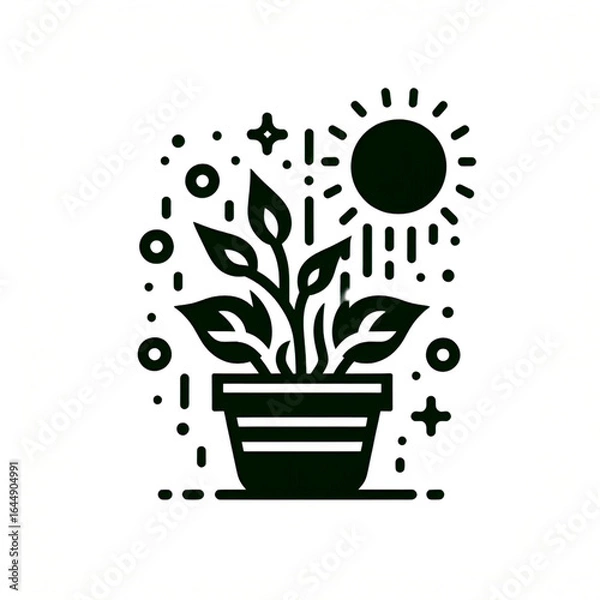 Fototapeta Black and white potted plant with sun illustration, symbolizing growth and eco-friendly themes
