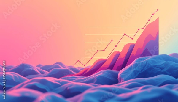 Fototapeta A vibrant, abstract image depicting growth arrows rising over colorful waves, symbolizing progress and success.