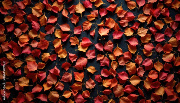 Fototapeta A vibrant array of autumn leaves in shades of red and orange, creating a beautiful natural tapestry.