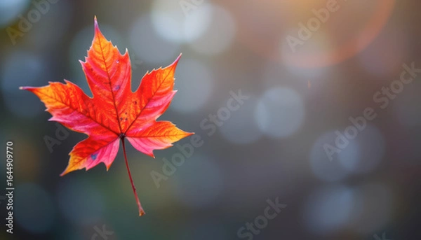 Fototapeta A vibrant autumn leaf, showcasing striking shades of red and orange against a softly blurred background.