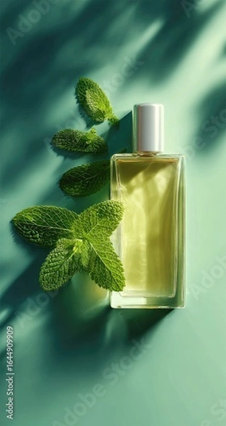Fototapeta A rectangular glass bottle of pale yellow liquid rests on a teal background, accompanied by fresh mint leaves casting shadows