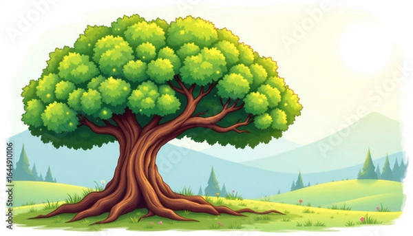 Fototapeta A vibrant, green tree stands majestically in a serene landscape, symbolizing nature's beauty and tranquility.