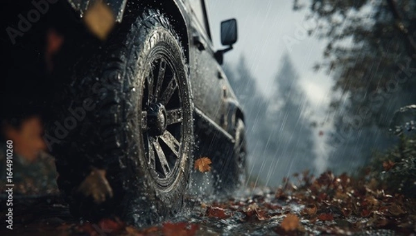 Fototapeta A mud-splattered SUV's tire splashes through a rain-soaked autumnal forest road, leaves scattered, low angle