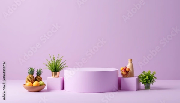 Fototapeta A vibrant display of fruits and greenery on a purple backdrop, showcasing freshness and vitality in food presentation.