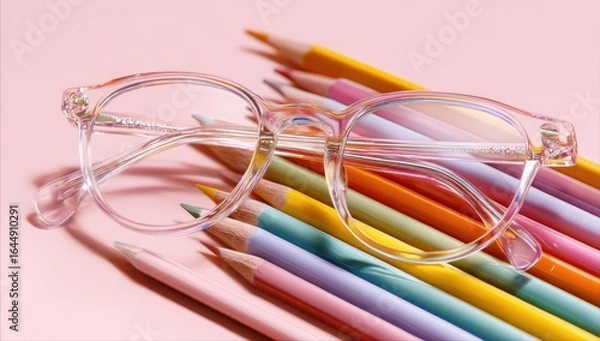 Fototapeta Clear, iridescent glasses rest atop a vibrant array of pastel-colored pencils on a pink background; a playful, youthful aesthetic