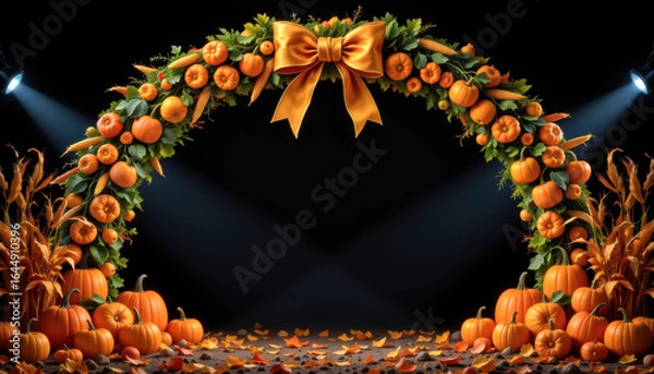 Fototapeta A vibrant fall archway adorned with pumpkins and autumn leaves, perfect for seasonal celebrations and festivities.