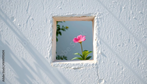 Fototapeta A vibrant flower peeks through a unique square cutout in a textured white wall, showcasing nature's beauty.