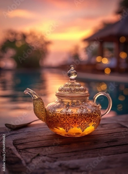 Fototapeta Glass teapot of herbal tea sits on weathered wood by a tranquil pool at sunset, lights twinkling in the background