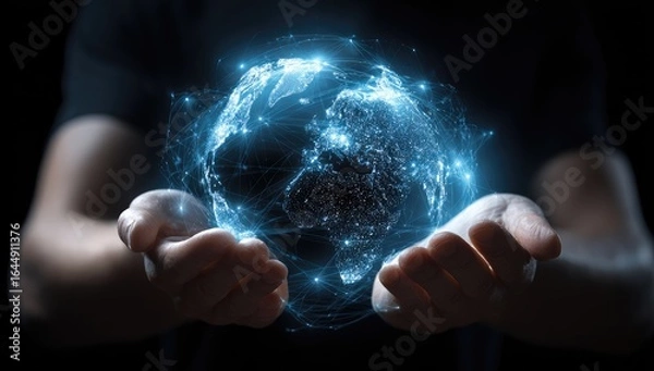 Fototapeta Glowing digital Earth cradled in open hands, representing global connectivity and technological advancement