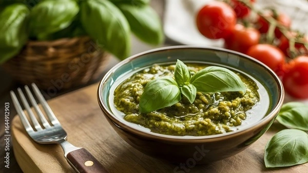 Fototapeta Close up of a bowl of pesto with basil leaves, tomatoes and a fork on a wooden cutting board