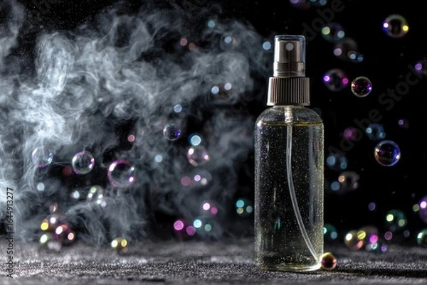 Fototapeta A clear glass spray bottle sits on a dark surface, emitting a light vapor, surrounded by iridescent bubbles and smoke against a black background