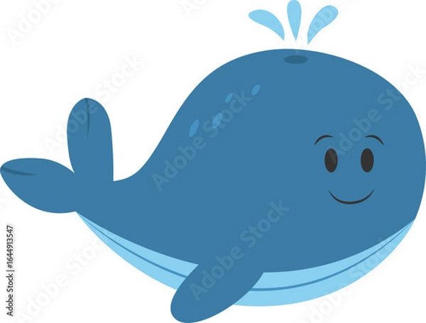 Fototapeta Cute cartoon blue whale with with a smiling face Isolated on white background. Vector illustration in cartoon style