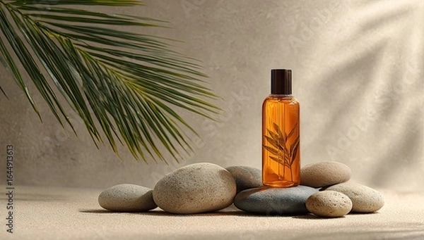 Fototapeta Amber bottle of oil rests on smooth stones, a palm frond casts shadow, creating a serene, spa-like scene against a neutral backdrop