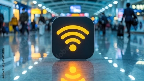 Fototapeta A glowing wifi symbol in an airport terminal with people walking in the background on a shiny floor