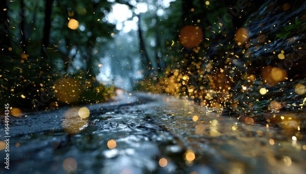 Fototapeta A wet, dark forest path with glowing particles, possibly fireflies or sparks, scattered along the way, creating a magical, ethereal ambiance.  The path is blurred in the background