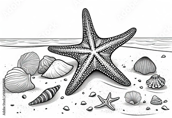 Fototapeta Starfish and seashells coloring page with beach and ocean background scene