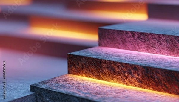Fototapeta Abstract close-up of textured stone steps illuminated with warm and cool neon lights, creating a dramatic, shallow depth of field effect