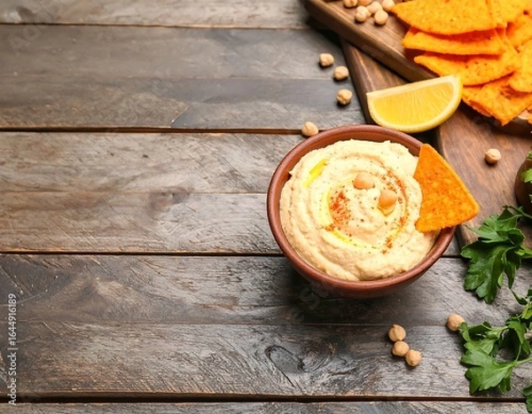 Fototapeta Bowl of hummus with pita chips and chickpeas on a wooden background