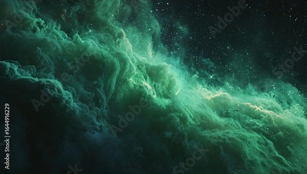 Fototapeta Emerald nebula swirls through dark space, illuminated by distant stars, creating a celestial tapestry of vibrant green hues and shadowy depths