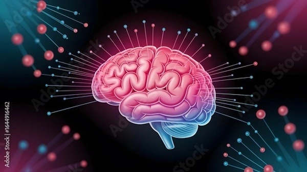 Fototapeta Illustration of a pink and blue brain with connections on a dark background with red spheres