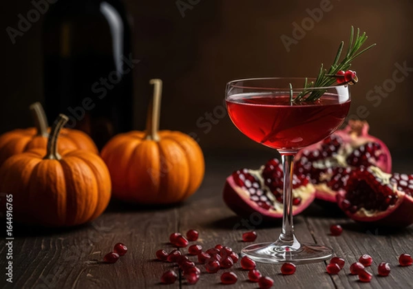 Fototapeta Sophisticated dimly lit still life featuring a red cocktail with pomegranate and pumpkins