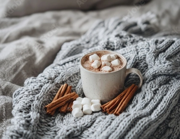 Fototapeta Cozy hot chocolate in a speckled mug, topped with marshmallows, rests on a chunky knit gray blanket with cinnamon sticks
