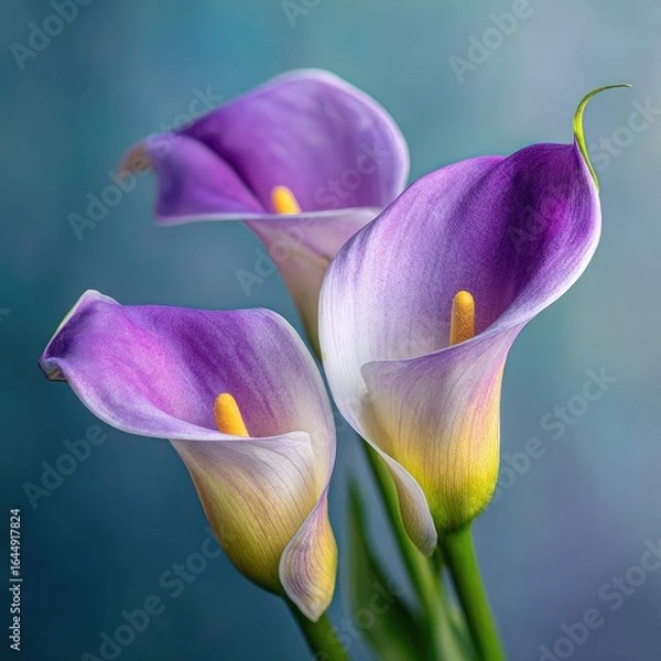 Fototapeta Three pale purple calla lilies, subtly shaded, with creamy yellow centers, elegantly arranged against a soft teal backdrop