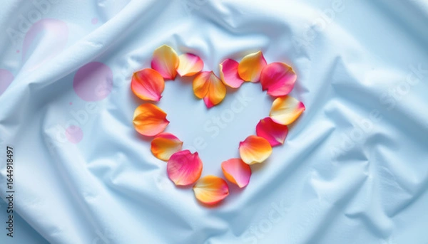 Fototapeta Colorful rose petals arranged in a heart shape on a soft, smooth fabric background, evoking love and beauty.