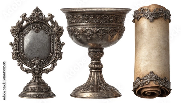 Obraz Vintage Ornate Trophy, Frame, and Scroll on Transparent Background