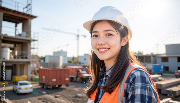 Fototapeta Confident female construction worker smiles at the camera on a busy work site, showcasing her dedication and teamwork.