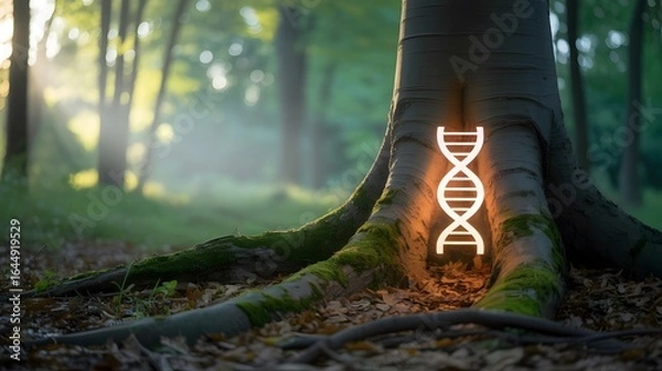 Fototapeta A dna helix symbol superimposed on a tree trunk in a forest with sunlight filtering through trees