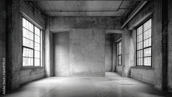 Fototapeta A monochrome photograph depicts a dilapidated industrial interior.  Large windows illuminate a vast, empty space with rough concrete walls and floors.  The scene is stark