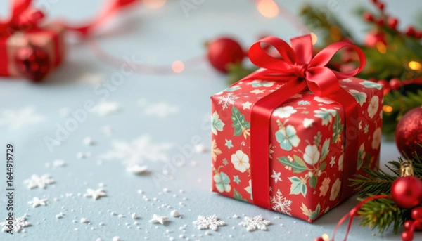 Fototapeta Festive holiday gift wrapped in red with a bow, surrounded by Christmas decorations and a joyful atmosphere.