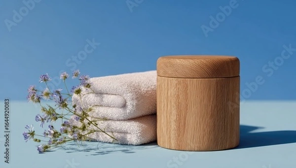 Fototapeta A light blue background features a wooden container, a stack of white towels, and a sprig of small purple flowers