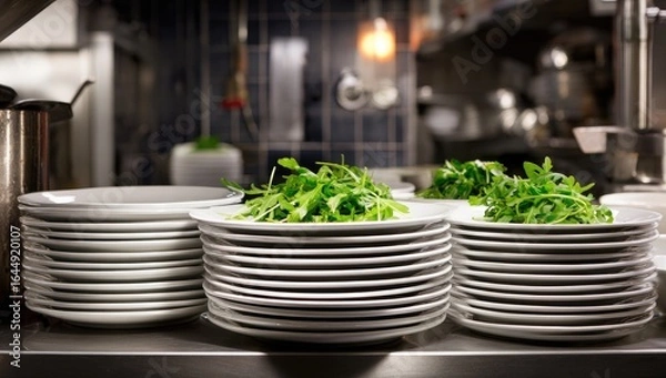 Fototapeta Stacks of clean white plates with fresh green arugula atop some, sit on a stainless steel counter in a dimly lit restaurant kitchen