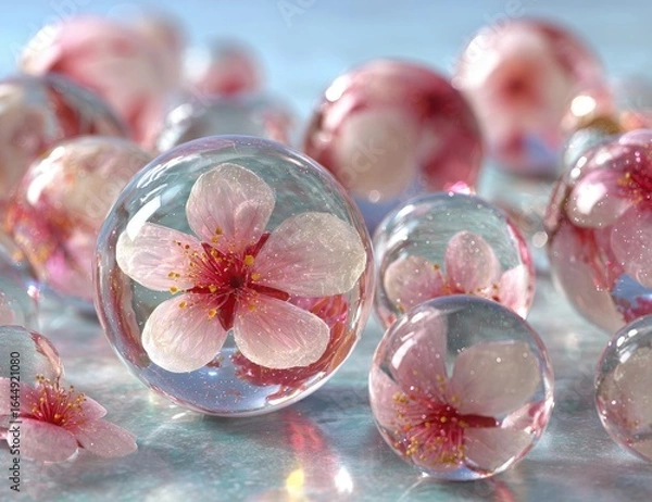 Fototapeta Delicate pink cherry blossoms encapsulated within clear glass spheres, scattered on a shimmering surface, creating a dreamy, ethereal effect