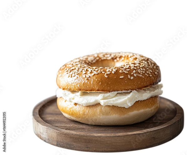 Fototapeta Delicious donut with cream cheese and sesame seeds on wooden plate isolated on transparent background