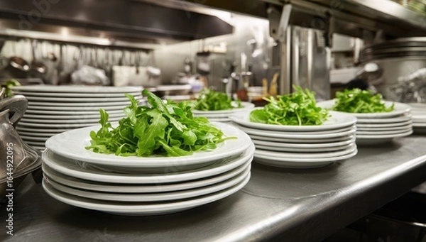Fototapeta Stacks of pristine white plates await, each topped with a vibrant portion of fresh arugula, ready for service in a professional kitchen setting