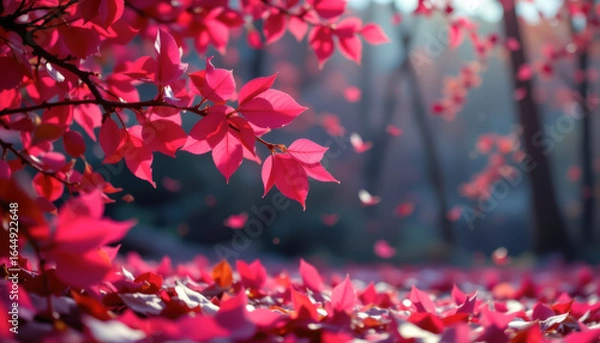 Fototapeta Vibrant red leaves cascading softly in a serene forest, capturing the beauty of nature's autumn transformation.