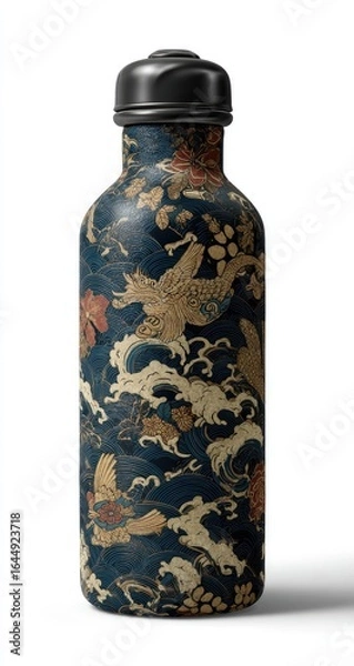 Fototapeta Dark blue water bottle with an intricate Asian-inspired floral and wave pattern, featuring birds and stylized foliage in beige and red tones.  Black screw-on cap