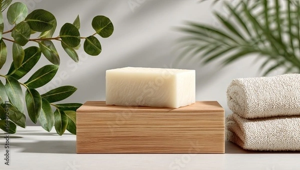 Fototapeta A rectangular bar of off-white soap rests on a light wood block, next to folded towels and leafy branches, bathed in soft light
