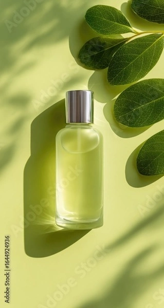 Fototapeta Pale green liquid in a clear glass bottle with a silver cap, rests on a pale green background next to vibrant green leaves casting shadows