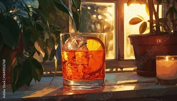 Fototapeta Sunset-lit Aperol Spritz rests on windowsill, flanked by potted plants and a candle; ice cubes and orange slice visible within the glass