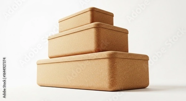 Fototapeta Stack of three modern cork storage boxes on white background